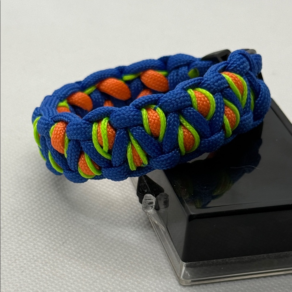 Handmade Dragon Eye Paracord Bracelet Blue and Orange with Green Neon Stitching